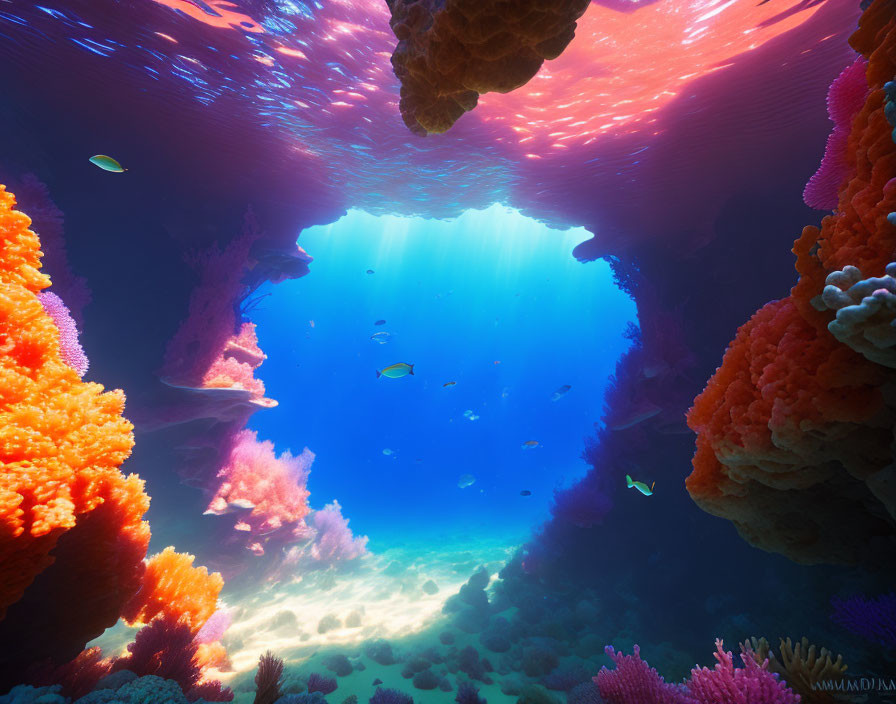 Colorful Corals and Small Fish in Sunlit Underwater Scene