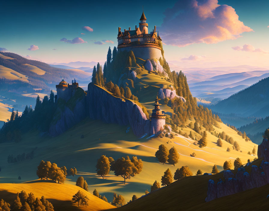 Majestic castle on high hill in fantastical sunset landscape