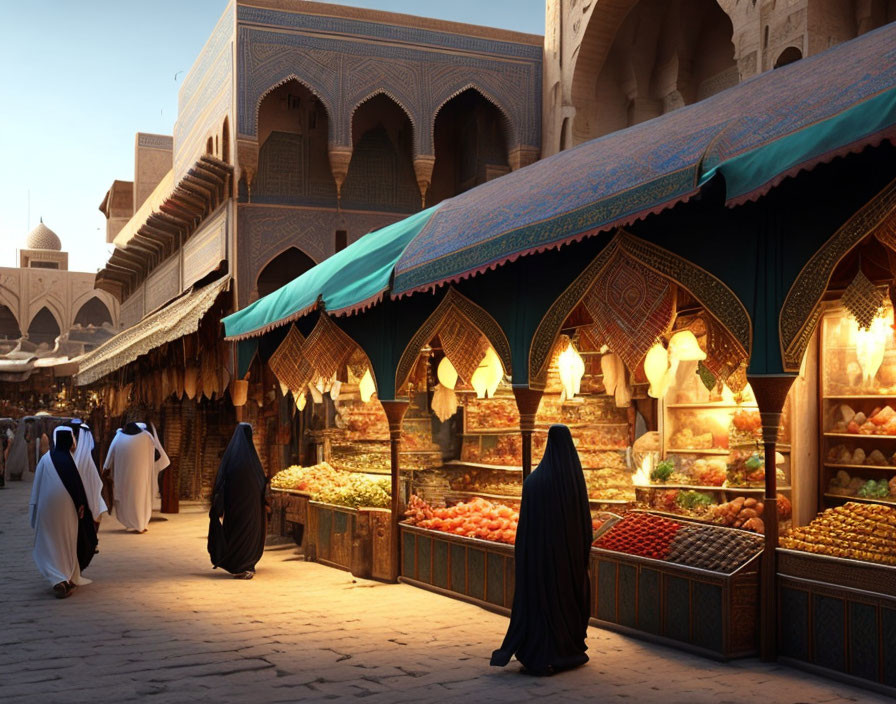 Vibrant Middle Eastern market with cultural attire, fresh produce, and ornate architecture