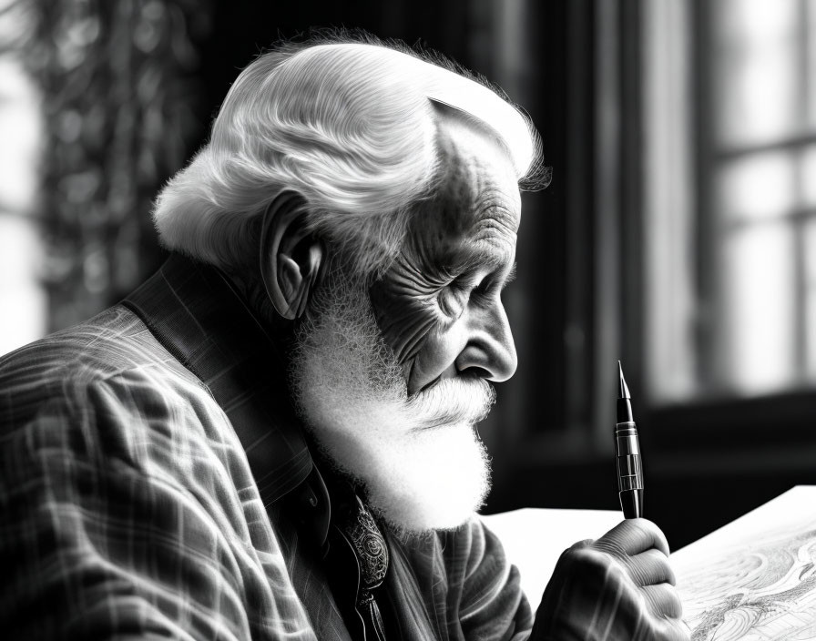 Elderly man with pen by window in contemplation