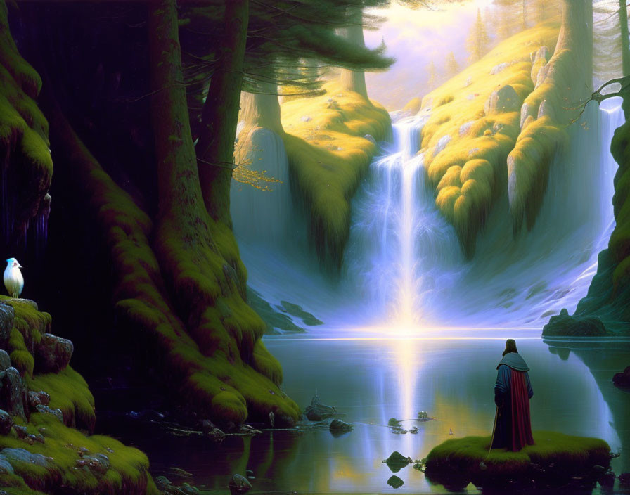 Tranquil fantasy landscape with cloaked figure by lake and waterfall