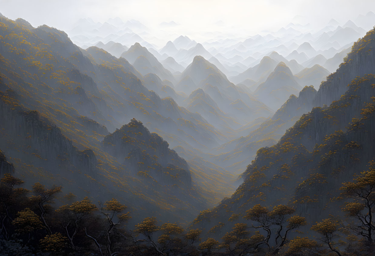 Layered Peaks of Misty Mountain Range with Yellow Foliage and Soft Hazy Sky