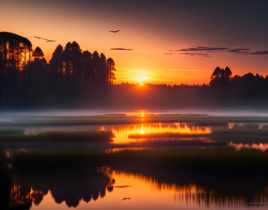 Tranquil sunrise scene: misty lake, reflecting trees, birds in orange sky