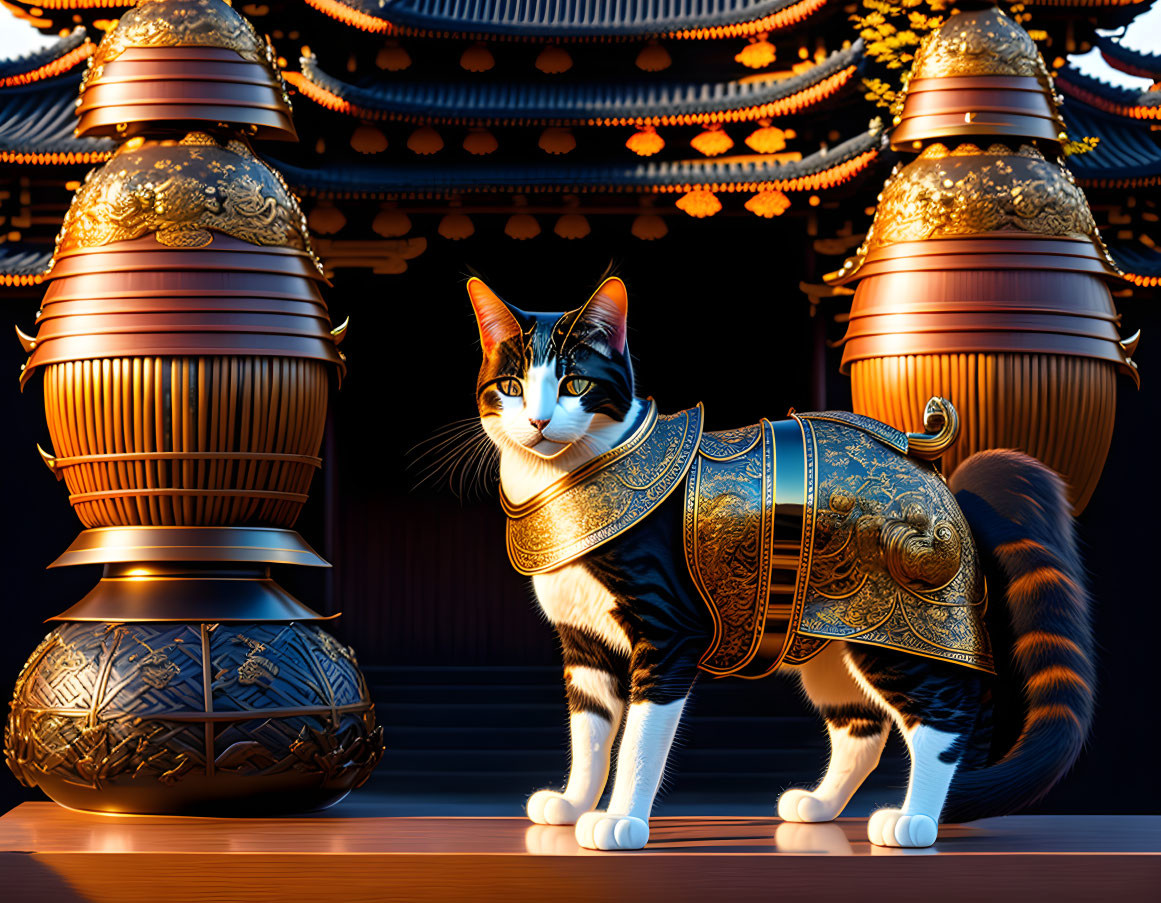 Calico Cat in Golden Armor Among Temple Lanterns at Night