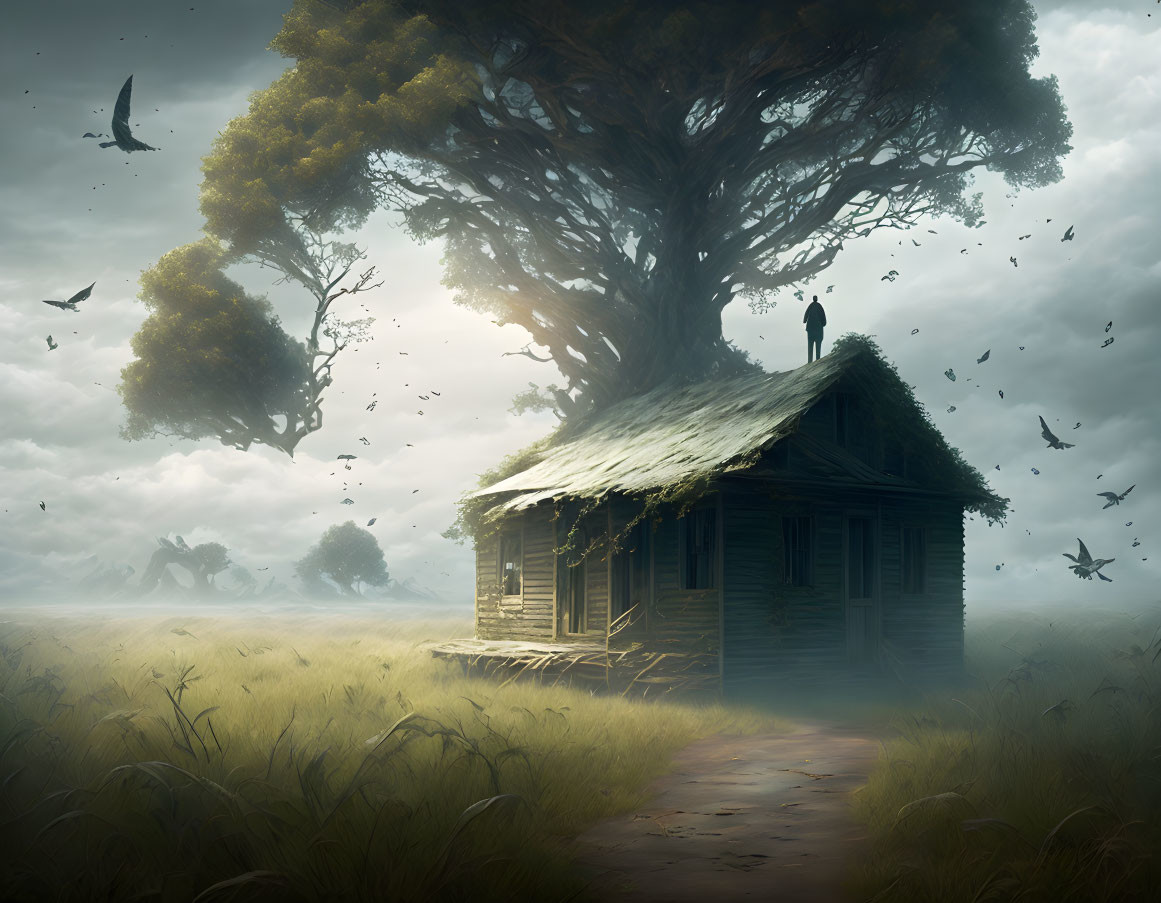 Ethereal scene of wooden cabin, tree, birds, horses, and figure