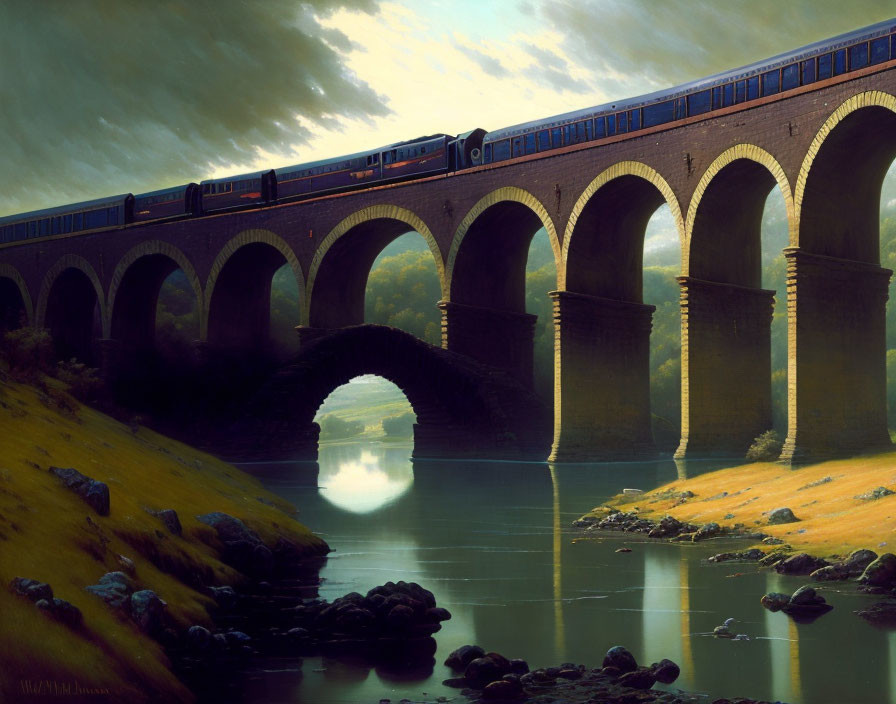 Stone bridge arches over tranquil river with train and greenery