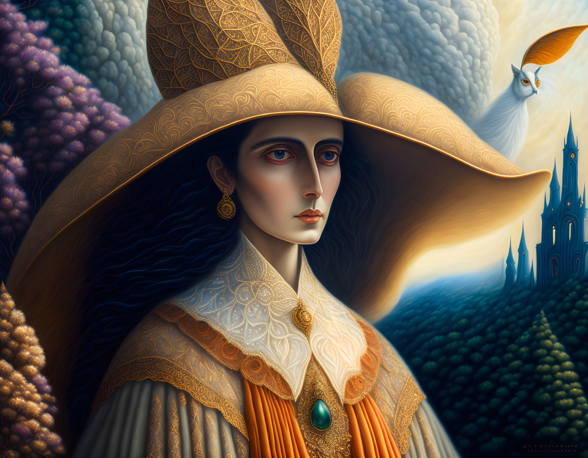 Stylized portrait of a woman with ornate hat, white fox, and castle in vibrant fantasy