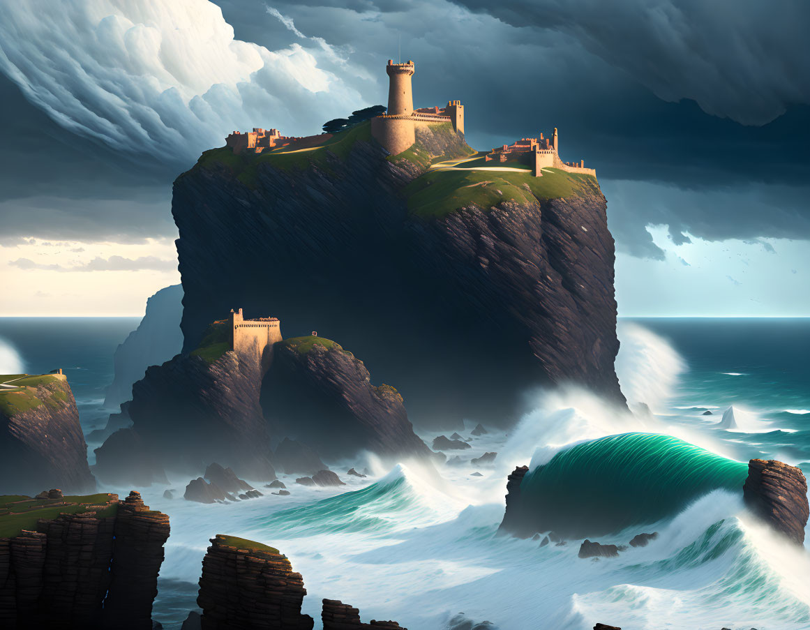 Digital artwork of a dramatic coastal scene with a towering castle on a steep cliff