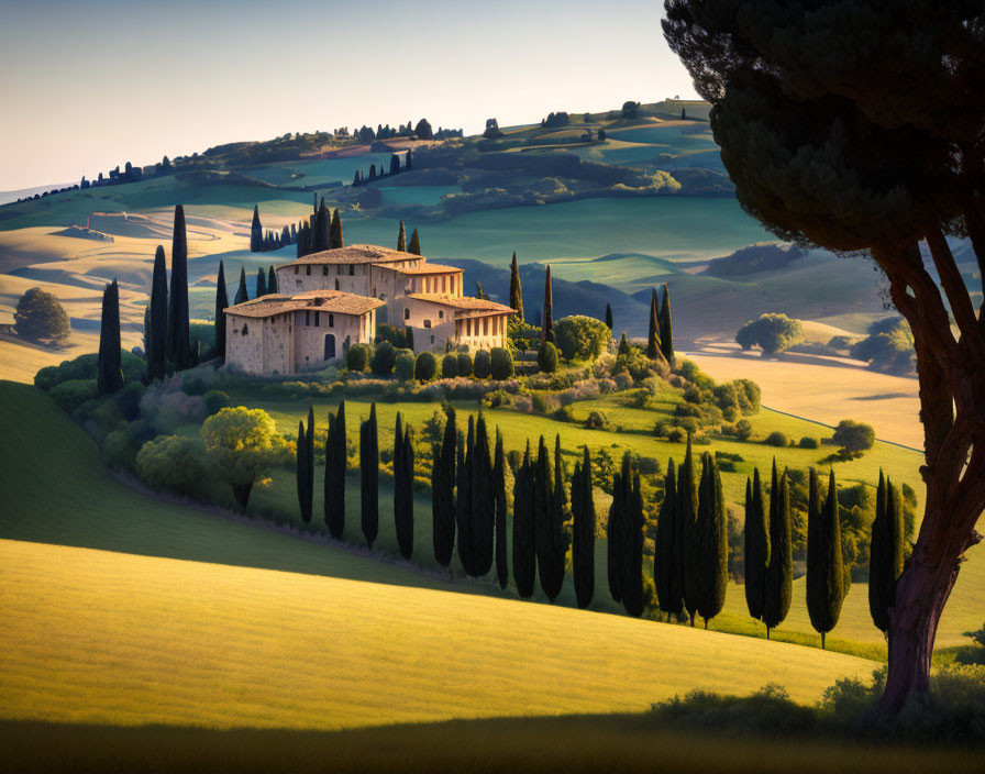 Traditional Tuscan villa in picturesque landscape.