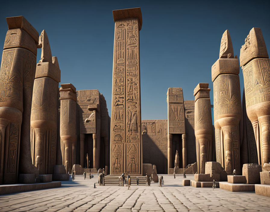 Hieroglyph-covered columns and obelisks in ancient Egyptian temple complex