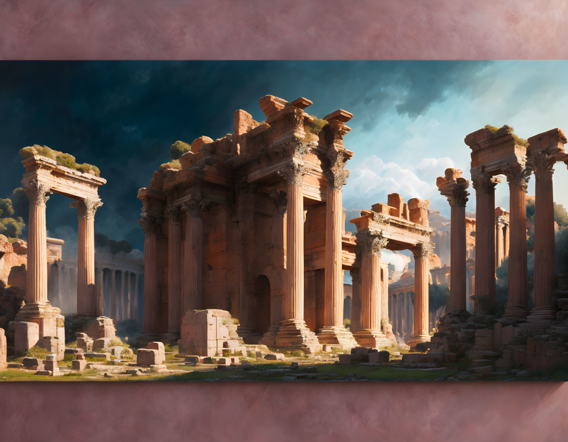 Majestic ancient ruins with towering columns and grand arches against a dramatic sky