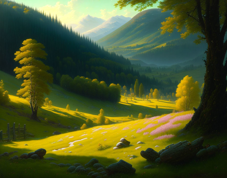 Golden trees, green hills, purple flowers in serene landscape