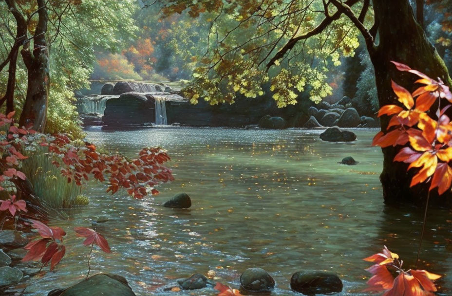 Tranquil river with small cascade, vibrant autumn foliage, and dappled sunlight