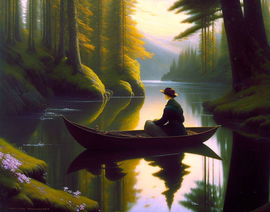 Tranquil river scene with person in canoe and sunbeams through trees