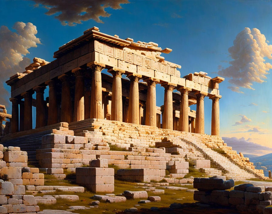 Ancient Greek Temple with Tall Columns and Stone Steps