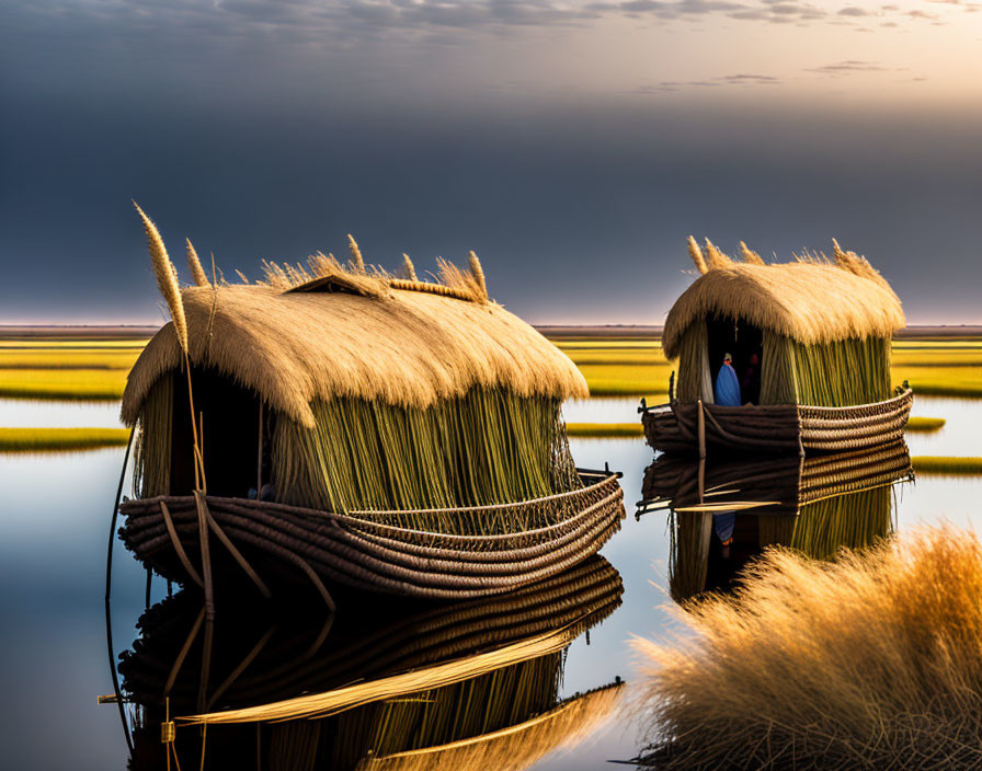 Reed boats on reflective water under golden-hour sky