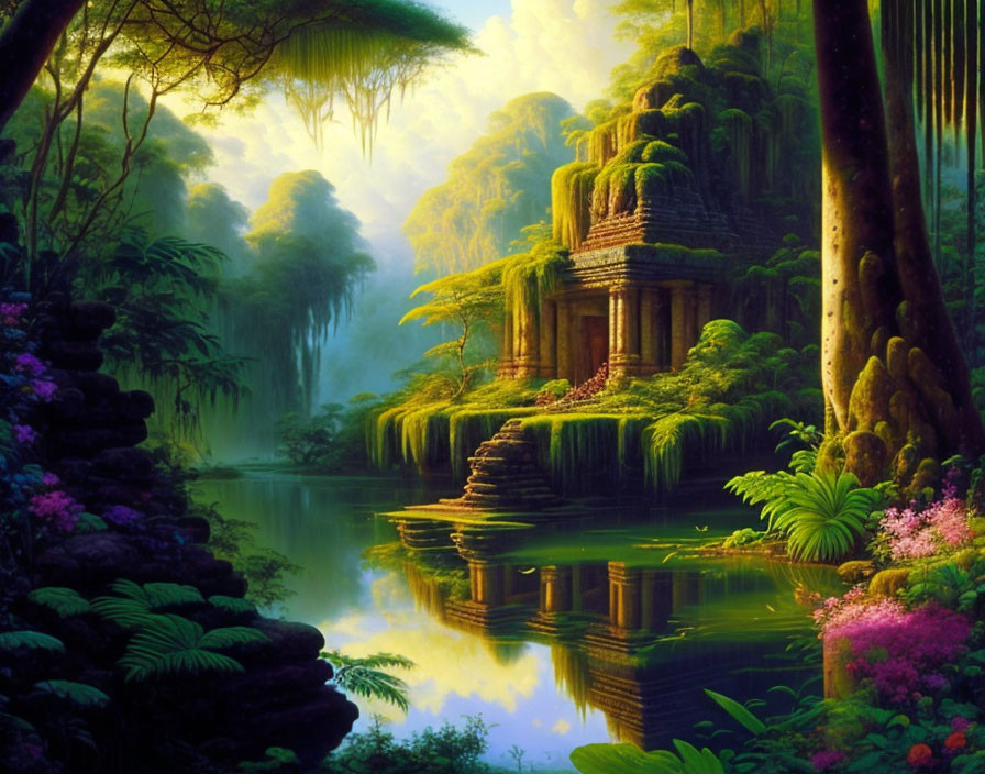 Ancient temple in serene jungle setting with lush vegetation