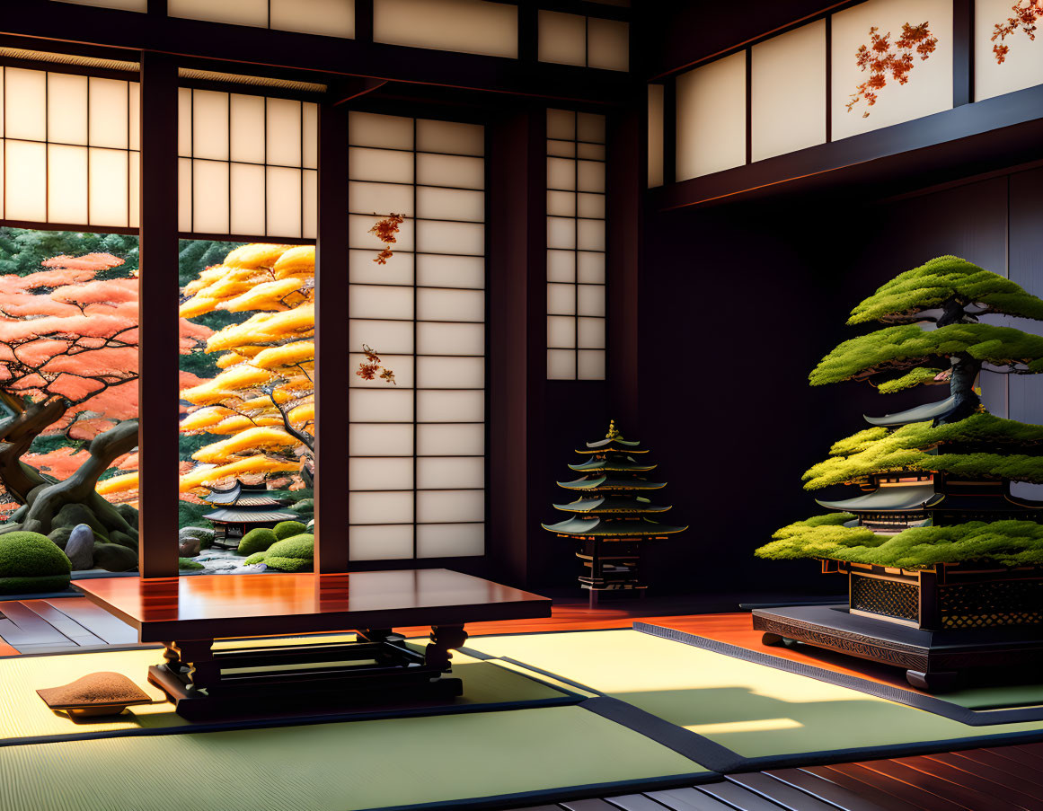 Japanese-style Room with Tatami Mats, Sliding Doors, Bonsai Trees, and Autumn Garden