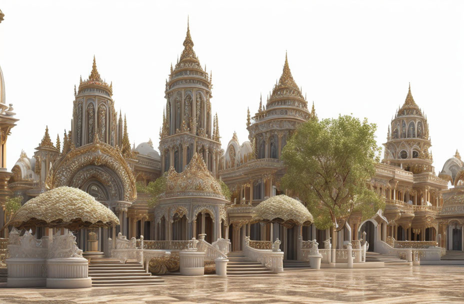 Fantasy palace complex with golden spires and stone courtyards