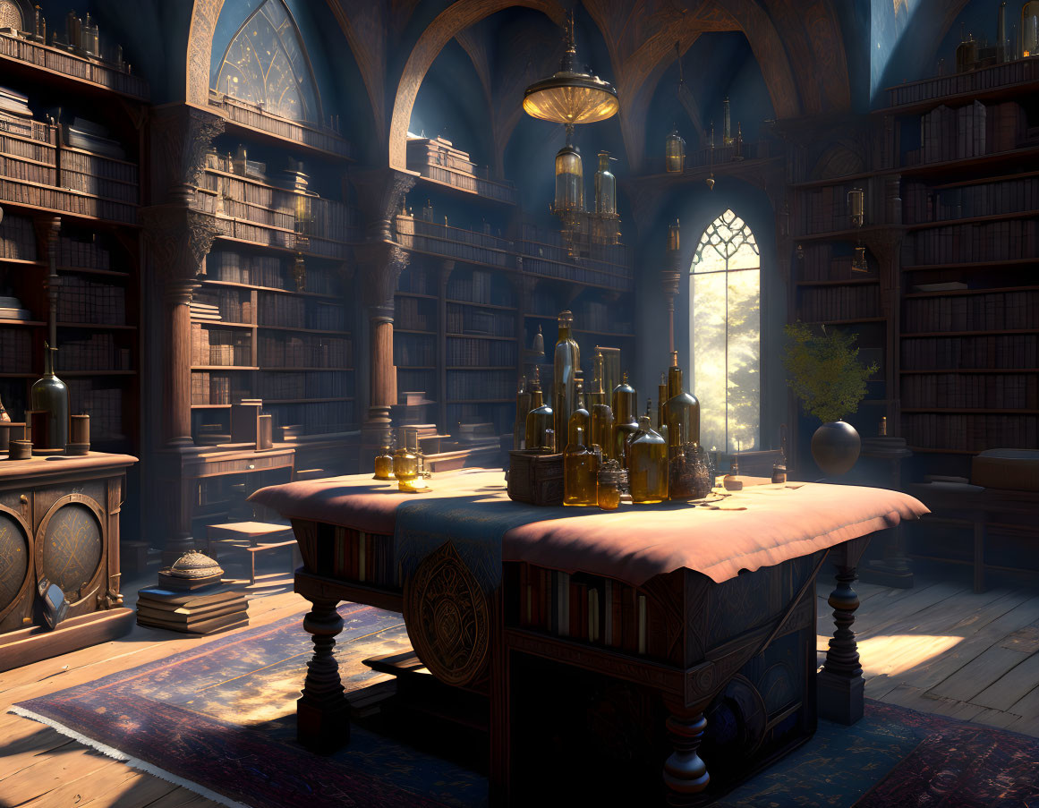 Spacious library with tall bookshelves, central table, chandelier, and sunlight.