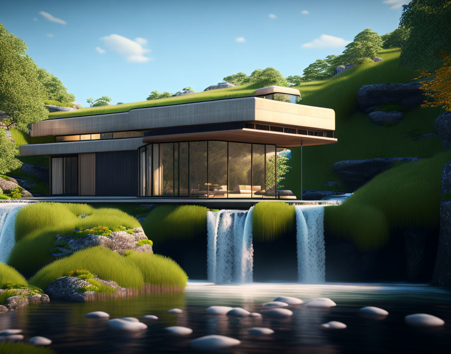 Contemporary house with expansive windows and waterfall view.