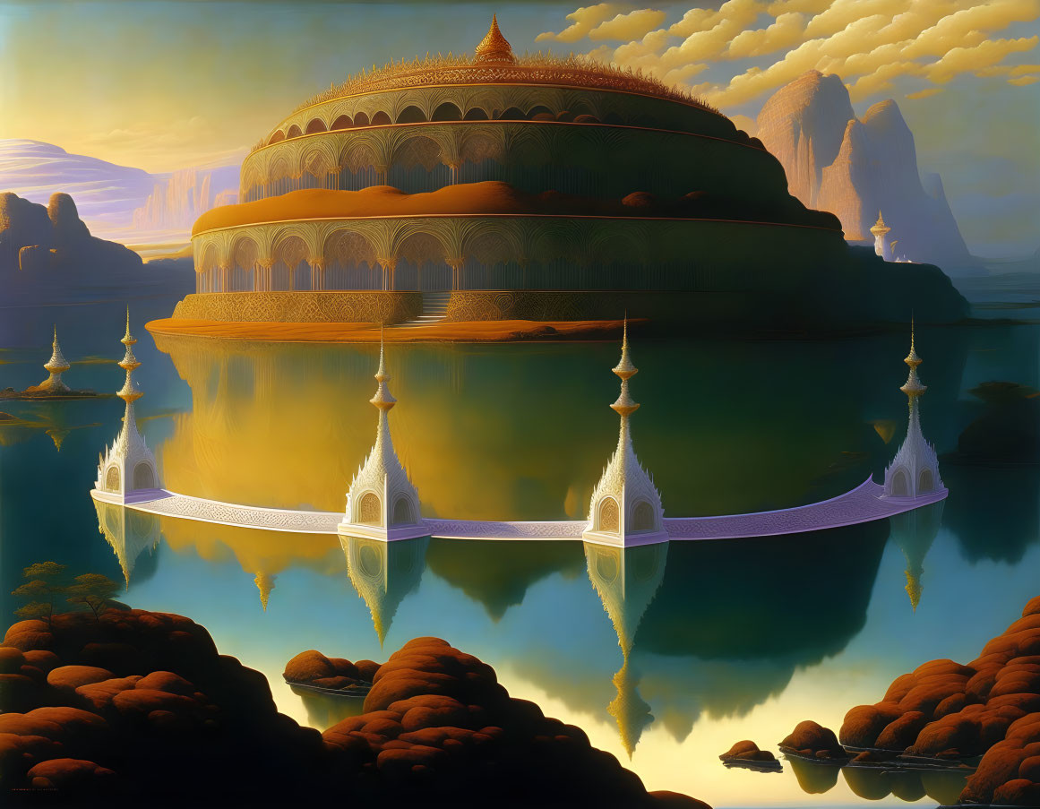 Fantasy landscape with domed structure, bridge, and mountains.