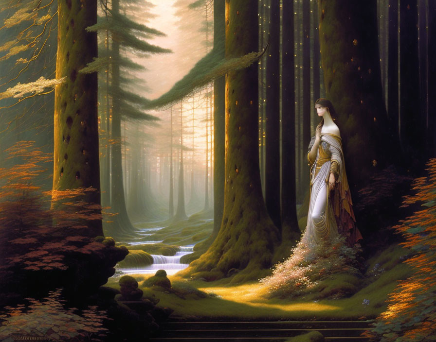 Woman in flowing gown in mystical forest with tall trees and stream