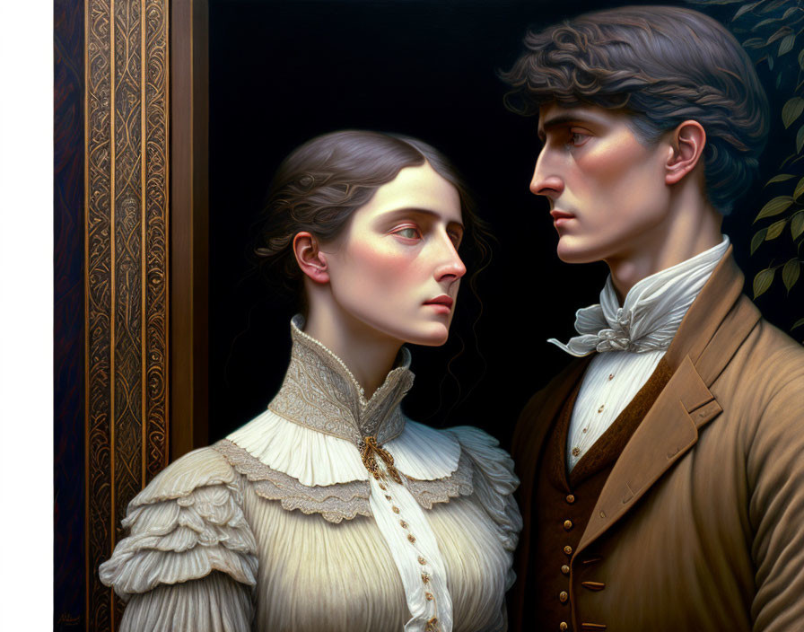 Victorian-era couple portrait in profile with detailed period attire and dark backdrop