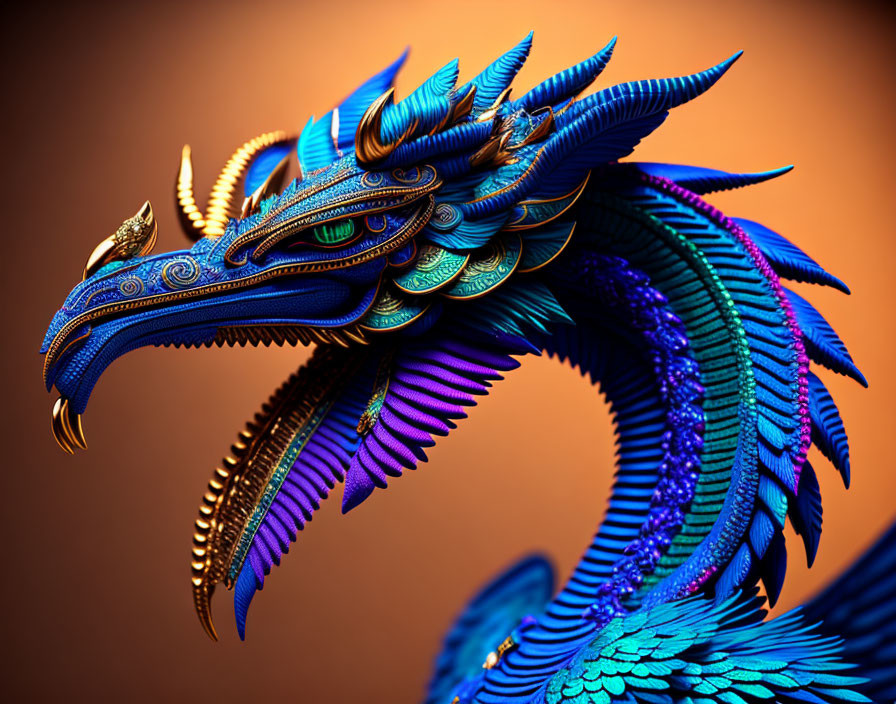 Colorful Digital Artwork: Blue and Purple Dragon with Golden Accents