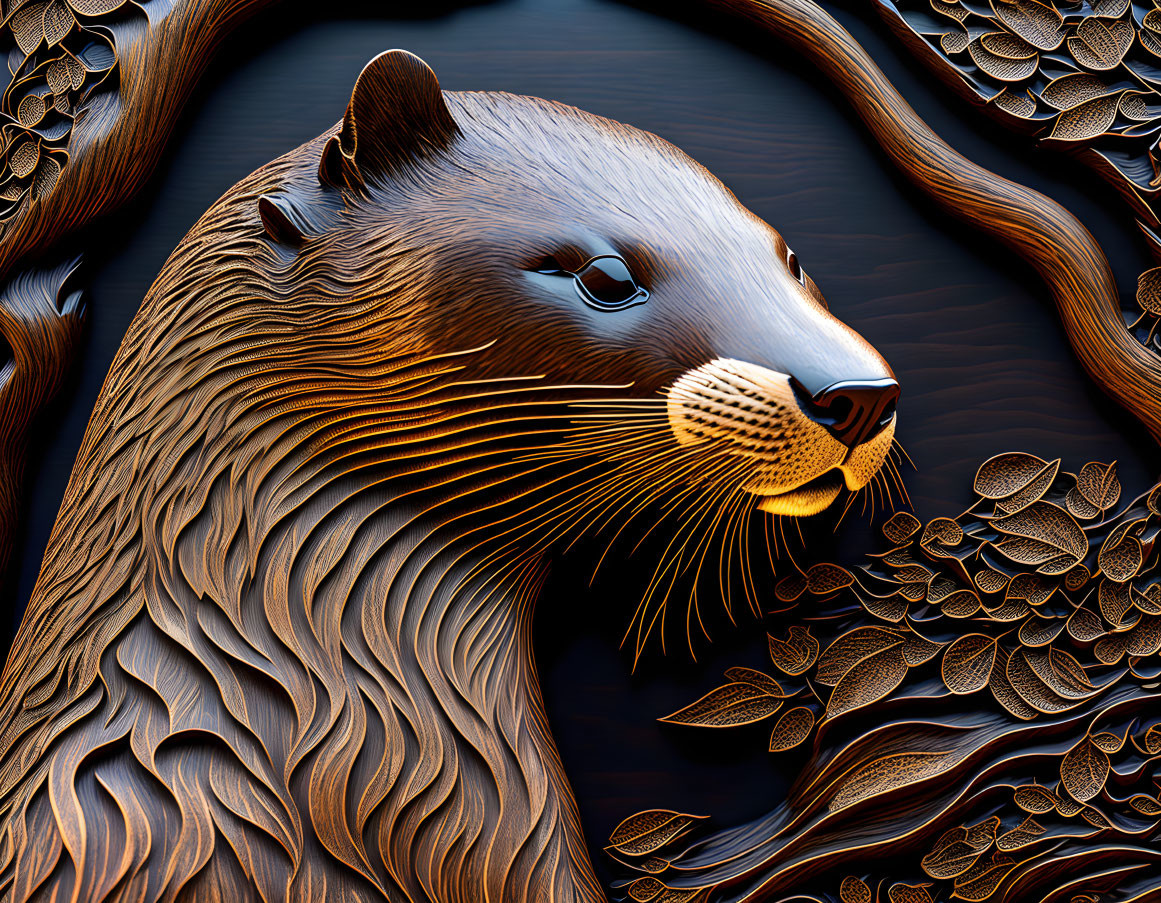 Detailed Wooden Otter Carving on Dark Wood Background