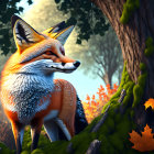 Colorful Fox Illustration in Autumn Forest with Light and Ivy