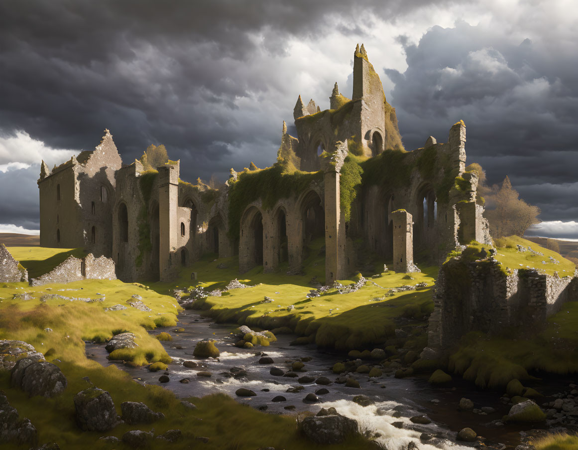 Dramatic sky over ruined Gothic castle with sunbeams, lush grass, and stream