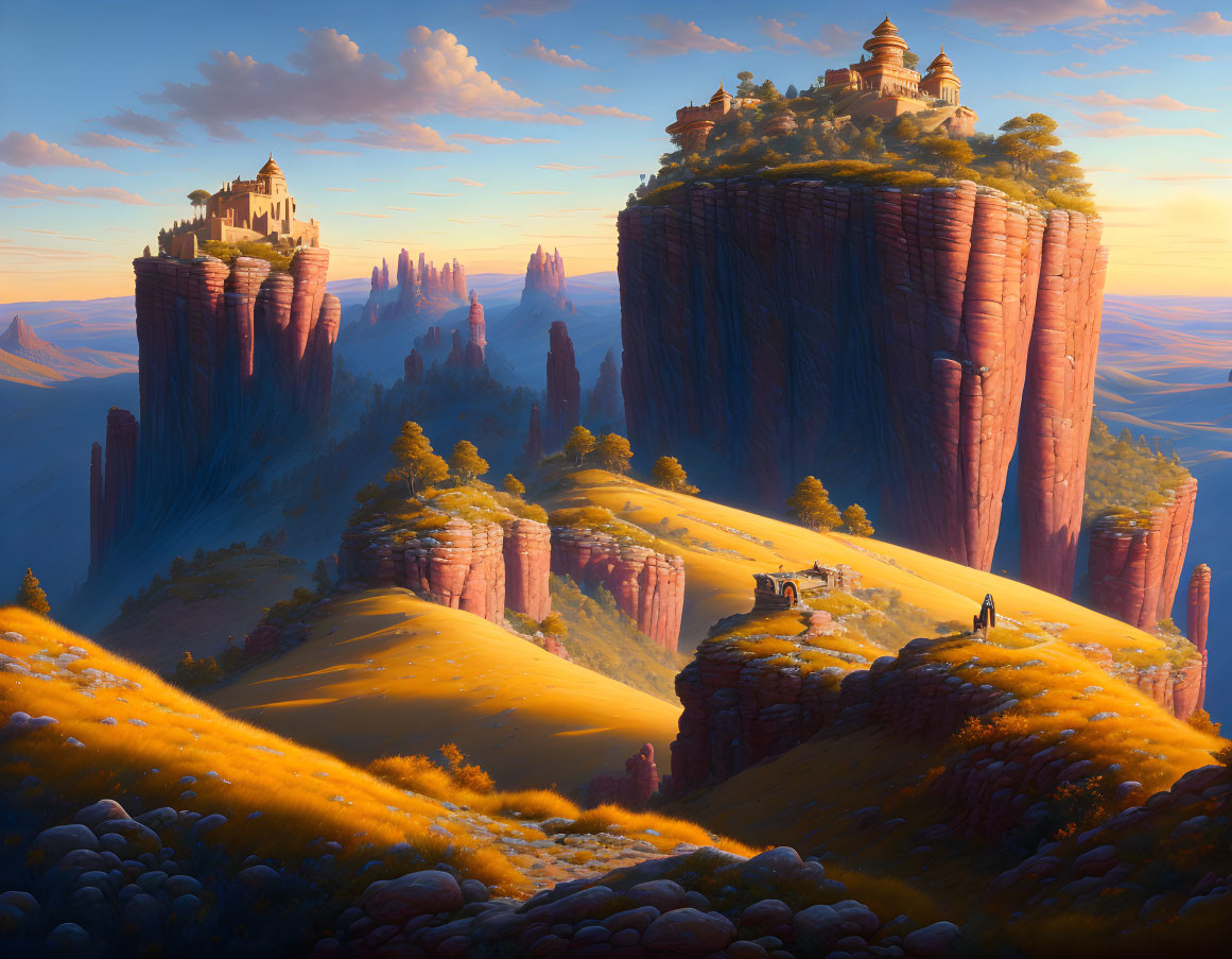 Majestic castle on towering cliffs in fantasy sunset landscape