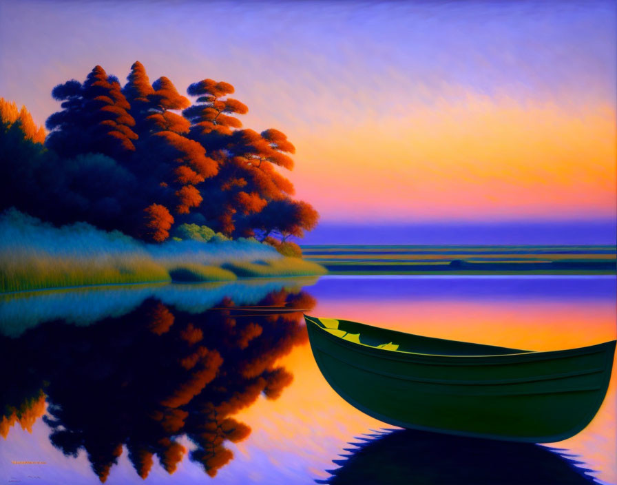 Twilight lake painting with green boat and colorful reflections