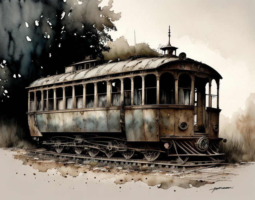 Rusted tram illustration on sepia background with leaves