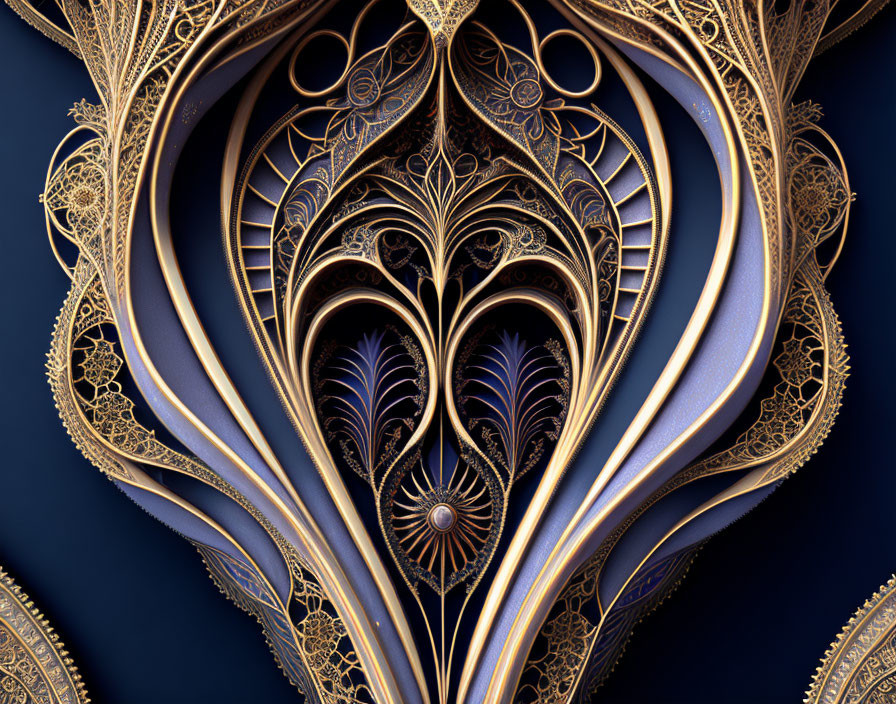 Golden fractal design on dark blue background with symmetrical leaf-like shapes.