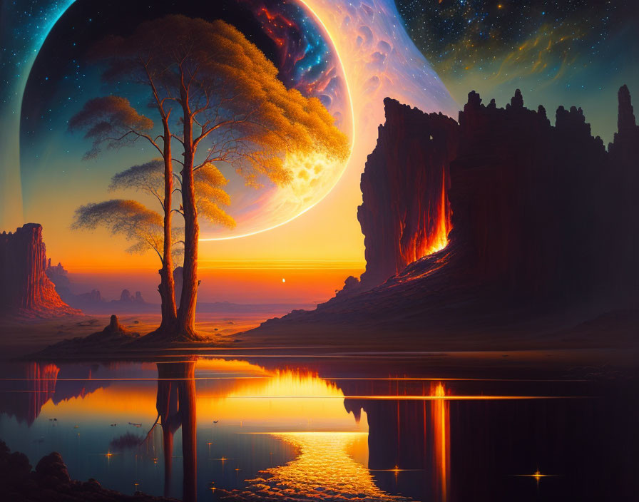 Surreal landscape with reflective lake, lone tree, rock formations, and large planet with rings in