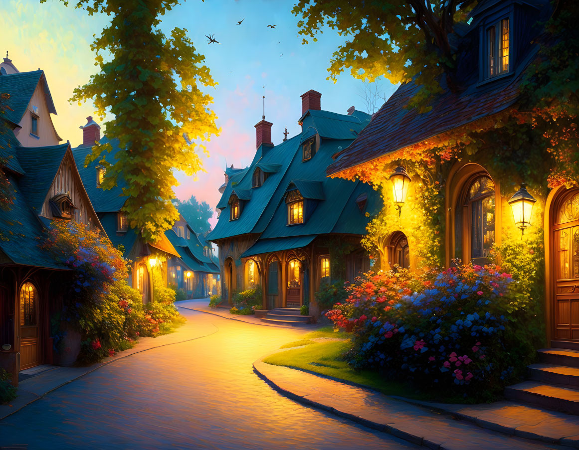 Tranquil village street at dusk with lit houses, cobblestone path, blooming flowers.