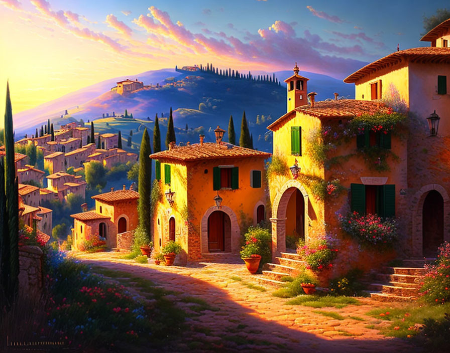 Tuscan landscape at sunset with stone houses and terracotta roofs