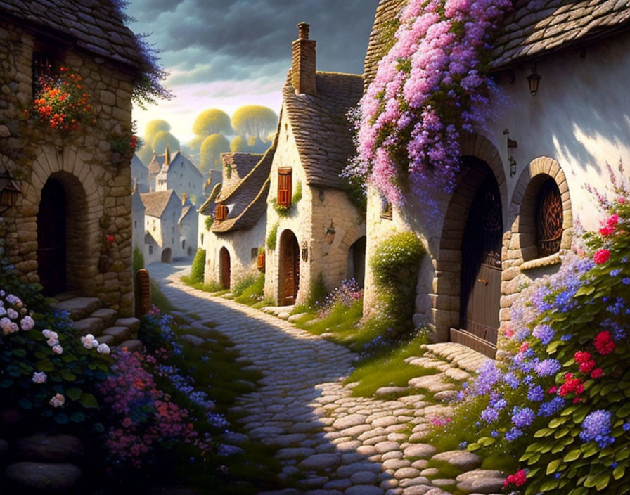 Picturesque village with blooming flowers, cobblestone paths, and lush greenery in golden sunlight