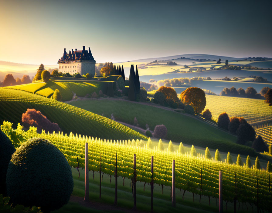 Scenic vineyard landscape with chateau and sunrise