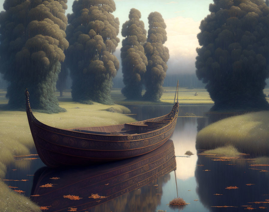 Ornate wooden boats on tranquil river in misty landscape