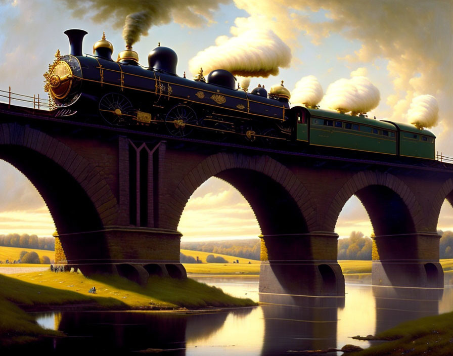 Vintage Train Crossing Stone Arch Bridge Over Calm Waters