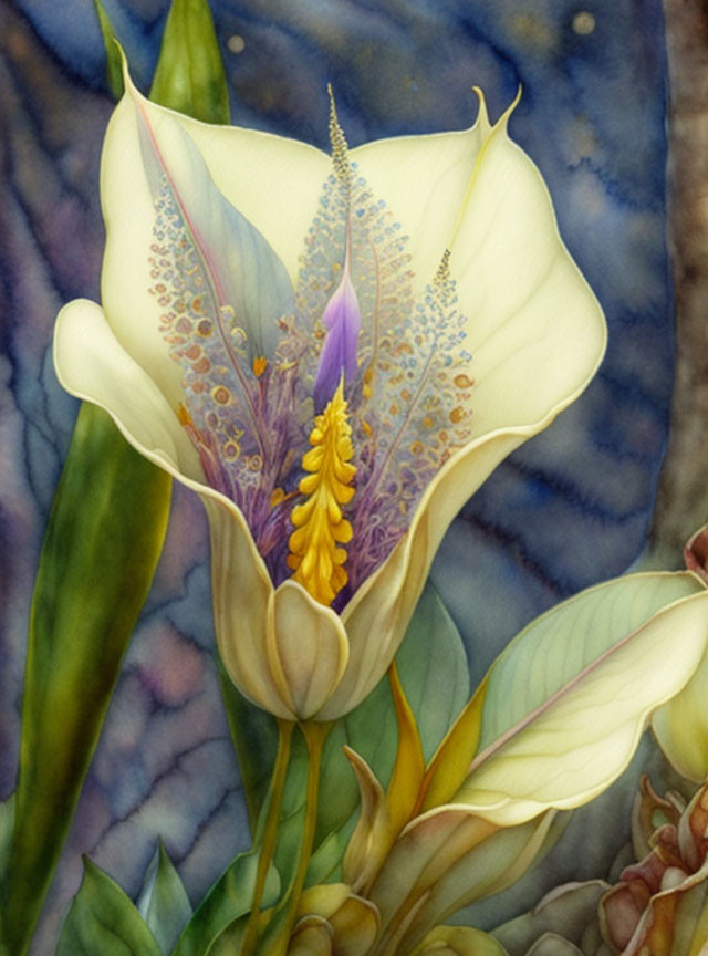 White Calla Lily with Yellow Spadix and Purple Accents on Blurred Blue Background