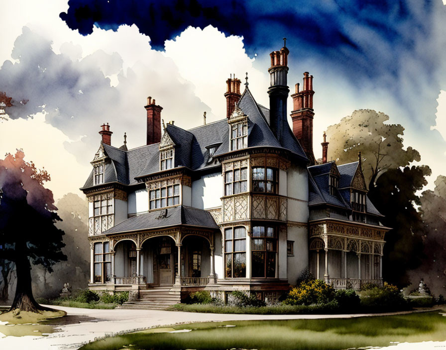 Victorian-style mansion with multiple chimneys and wraparound porch against cloudy sky.