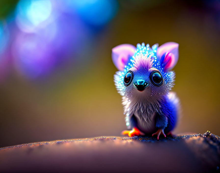 Colorful whimsical creature with large blue eyes on a blurred background