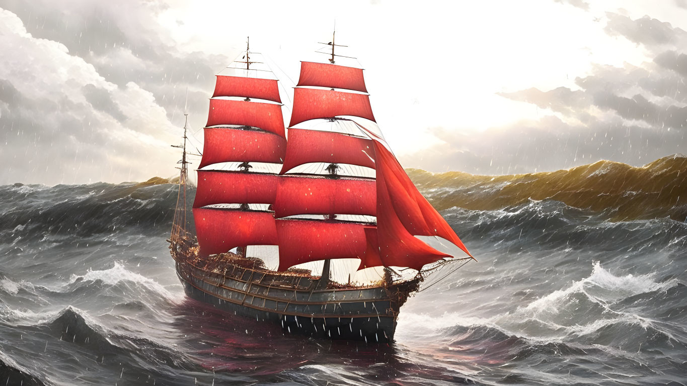 Majestic ship with red sails on turbulent golden waves