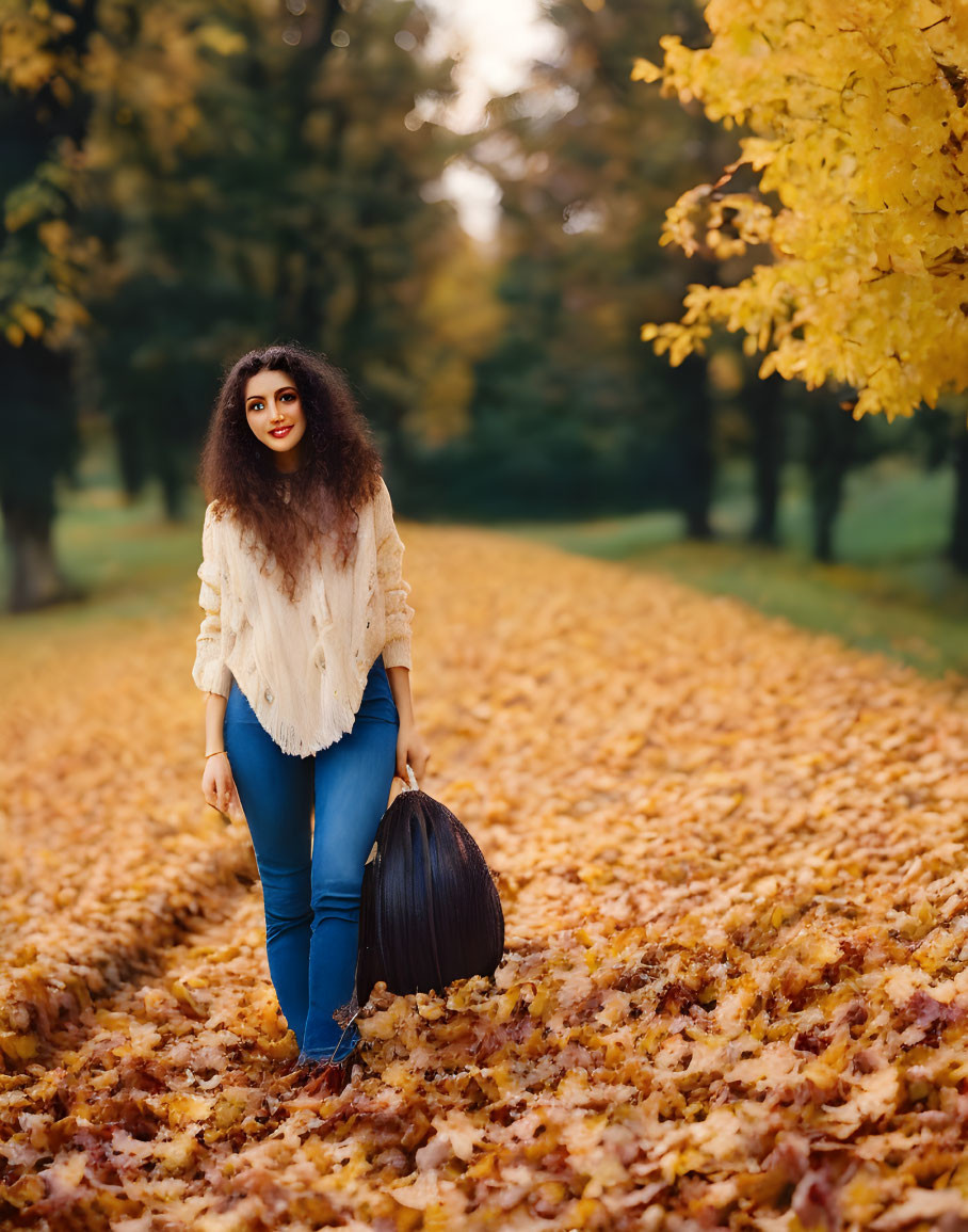 Curly-haired woman in cream sweater on autumn park path