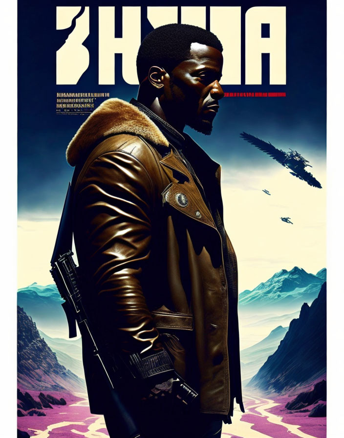 Man in leather jacket against mountain backdrop with fighter jets - "BHANA" in large letters