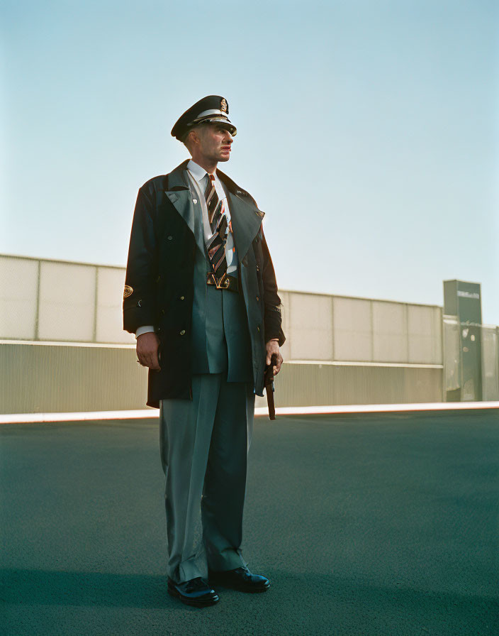 Pilot in uniform with four bars on epaulettes on tarmac